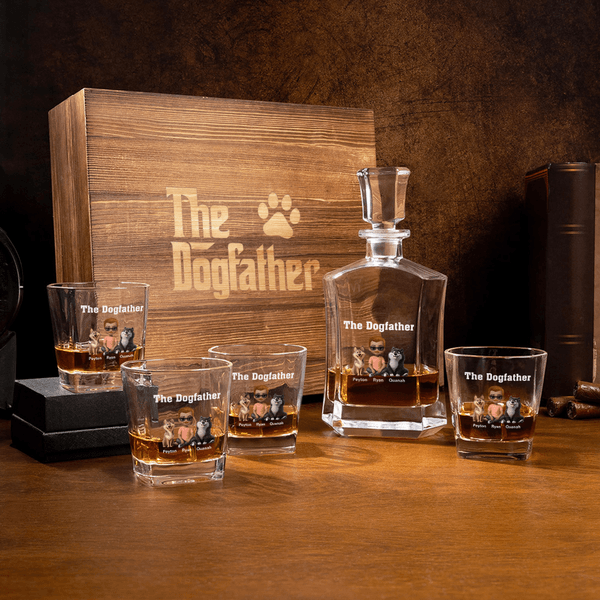 Decanter per whisky personalizzato The Dogfather 3D Cartoon con nome e 1-4 cani Regalo di compleanno e anniversario per gli amanti del liquore