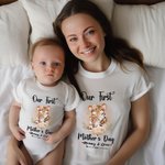 Gepersonaliseerde Schattige Tijger Onze Eerste Moederdag 100% Katoenen T-shirt Baby Onesie Set met Namen Moederdagcadeau voor Nieuwe Moeder Baby