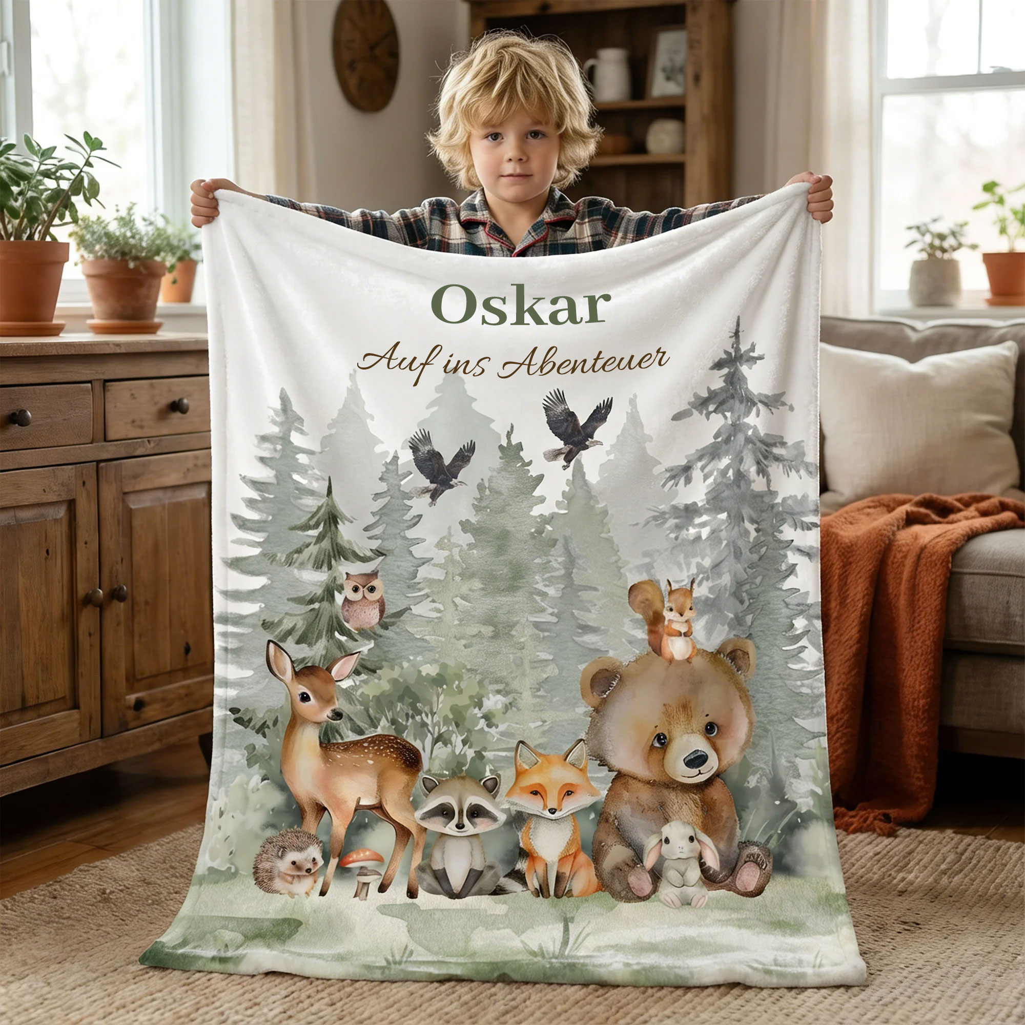 Personalisierte Aquarell-Waldtiere Kuscheldecke mit Namen und Text Wohndecke Geburtstag Geschenk für Kinder