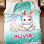 Personalized Cute Easter Eggs Bunny Initial Polka Dot Multicolour Soft Throw Blanket with Name Home Decor Easter Gift for Kids Family