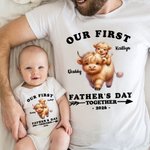 Personalizado lindo Highland Vaca 100% algodón bebé Onesie camiseta ropa de los padres y los niños con el nombre y el año primer regalo del Día del Padre para el recién nacido papá nuevo