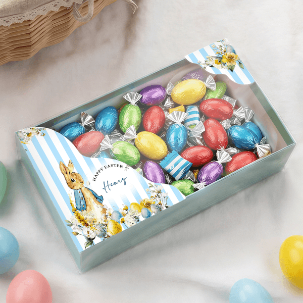 Scatola regalo personalizzata di Peter Rabbit con nome e coperchio trasparente Vassoio per dolci Uso quotidiano Bomboniere di festa Regalo di Pasqua per ragazze e ragazzi