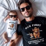 Personalizado lindo Highland Vaca 100% algodón bebé Onesie camiseta ropa de los padres y los niños con el nombre y el año primer regalo del Día del Padre para el recién nacido papá nuevo