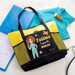 Borsa personalizzata con personaggio animato e nome, tessuto Oxford con tasca a rete - Regalo per infermiere o personale medico