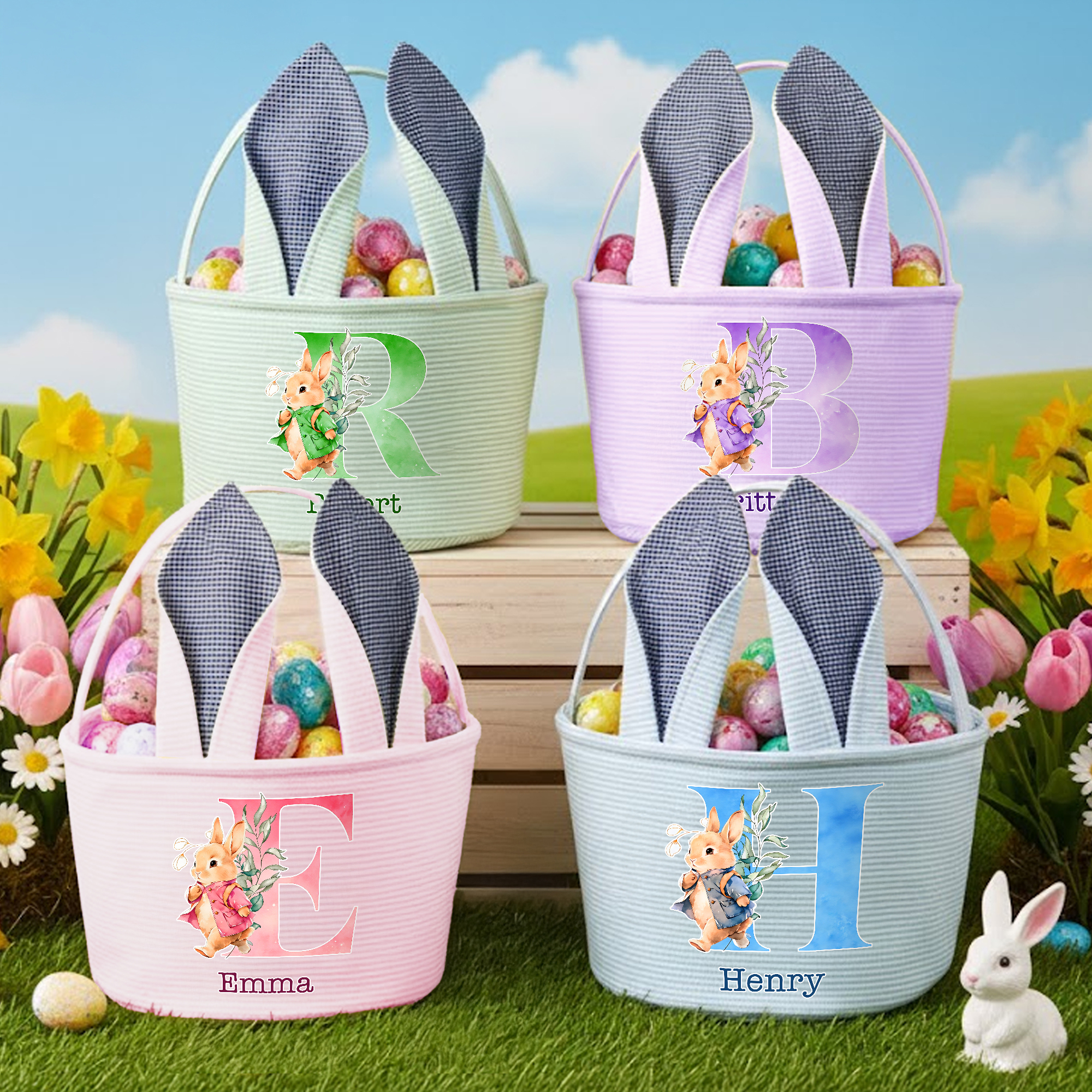 Personalisierter gestreifter Osterkorb im Aquarell-Osterhasen-Design | mit Namen und Initiale | mit Hasenohren | Ostern Eiersuche Geschenk für Kinder