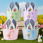 Personalized Watercolor Cartoon Bunny Rabbit Ears Striped Easter Basket with Initial and Name Easter Party Favor Eggs Hunting Gift for Kids