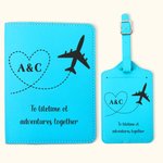 Personalized Airplane Heart Route Leather Passport Holder Luggage Tag Set with Initials Birthday Honeymoon Gift for Couple Travel Lover