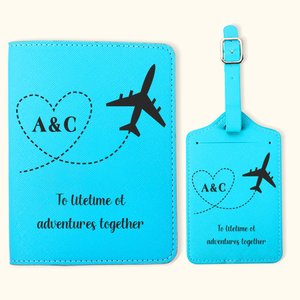 Personalised Airplane Heart Route Leather Passport Holder Luggage Tag Set with Initials Birthday Honeymoon Gift for Couple Travel Lover