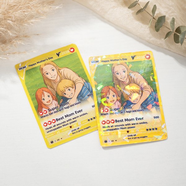 Personalized Ghibli Art Style Photo Poke Game Card with Attack Description and Protective Cover Birthday Mother's Day Gift for Family Friends