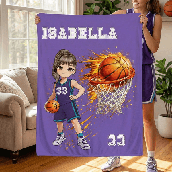 Personalised Cartoon Character Basketball Multicolor Soft Throw Blanket with Name and Number Home Decor Team Birthday Gift for Basketball Fans Lovers