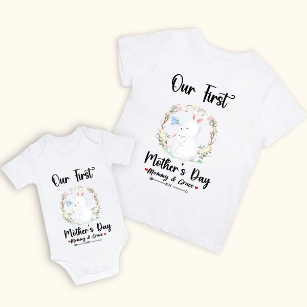 T-shirt en coton personnalisé Notre Première Fête des Mères Lapin Maman et Onesie Bébé avec Noms Cadeau pour Nouvelle Maman Bébé