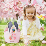 Cestino di Pasqua a strisce con iniziali e nome personalizzato coniglietto cartoon acquerello con orecchie di coniglio, regalo per bambini per la caccia alle uova.