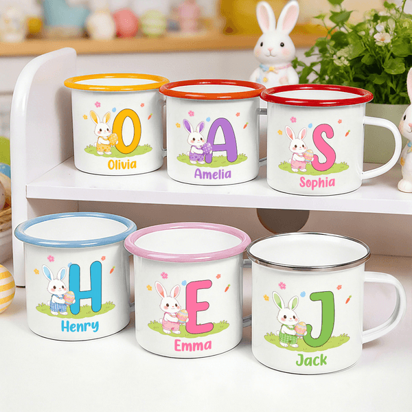 Personalisierte niedliche Kaninchen Osterei 12 oz Emaille Becher mit Namen und Initialen Ostern Geburtstag Geschenk für Kinder