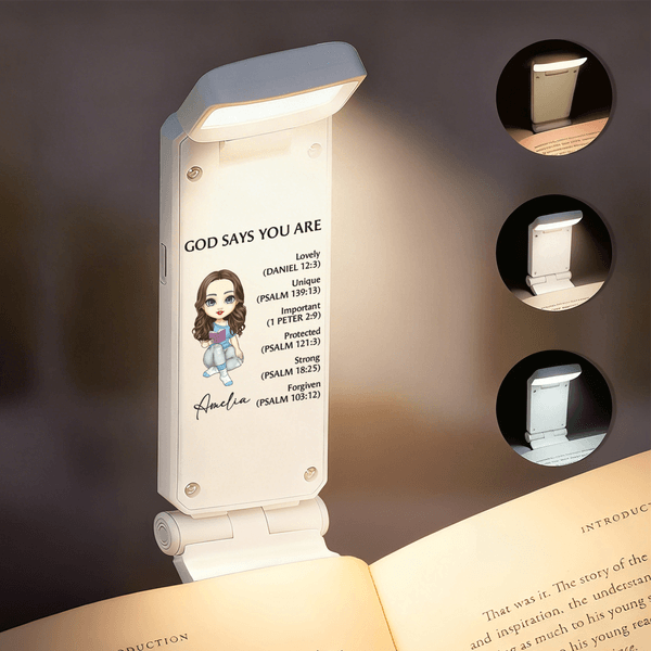 Personalizzato personaggio dei cartoni animati che legge la Bibbia LED Clip luminosa ricaricabile con nome Regalo di compleanno per gli amanti dei libri cristiani