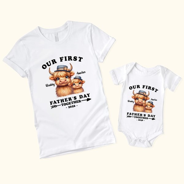 Personalizzato carino Highland Cow 100% cotone Baby Onesie T-shirt genitore-bambino con nome e anno Primo regalo per la festa del papà per il neonato nuovo papà