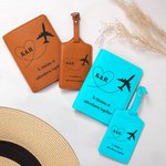 Personalized Airplane Heart Route Leather Passport Holder Luggage Tag Set with Initials Birthday Honeymoon Gift for Couple Travel Lover