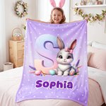Personalized Cute Easter Eggs Bunny Initial Polka Dot Multicolour Soft Throw Blanket with Name Home Decor Easter Gift for Kids Family