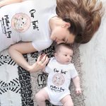 Personalized Adorable Elephant Design 100% Cotton T-shirt and Baby Onesie Matching Outfit Set Our First Mother's Day Gift for Newborn New Mom