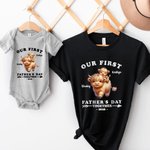 Personalizado lindo Highland Vaca 100% algodón bebé Onesie camiseta ropa de los padres y los niños con el nombre y el año primer regalo del Día del Padre para el recién nacido papá nuevo