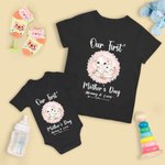 Personalized Adorable Elephant Design 100% Cotton T-shirt and Baby Onesie Matching Outfit Set Our First Mother's Day Gift for Newborn New Mom