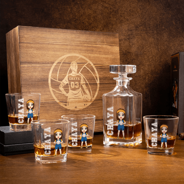 Personalised Volleyball Cartoon Character Whiskey Decanter with Name Birthday Father's Day Gift for Volleyball Lover Man Woman