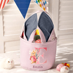 Cestino di Pasqua a strisce con iniziali e nome personalizzato coniglietto cartoon acquerello con orecchie di coniglio, regalo per bambini per la caccia alle uova.