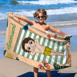 Personlig tegneseriefigur hurtigtørkende mikrofiber strandhåndkle med navn Daglig strandfest Gave til svømmevenner