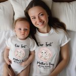 Personalized Adorable Elephant Design 100% Cotton T-shirt and Baby Onesie Matching Outfit Set Our First Mother's Day Gift for Newborn New Mom