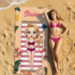 Personlig tegneseriefigur hurtigtørkende mikrofiber strandhåndkle med navn Daglig strandfest Gave til svømmevenner