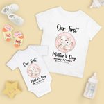 Personalized Adorable Elephant Design 100% Cotton T-shirt and Baby Onesie Matching Outfit Set Our First Mother's Day Gift for Newborn New Mom