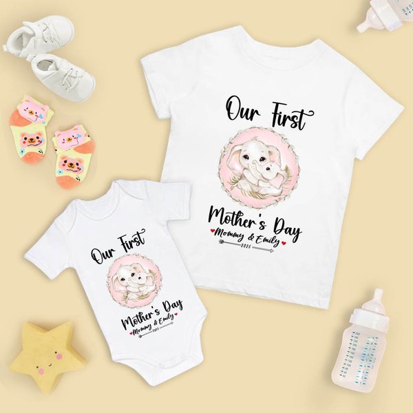 Personalized Adorable Elephant Design 100% Cotton T-shirt and Baby Onesie Matching Outfit Set Our First Mother's Day Gift for Newborn New Mom