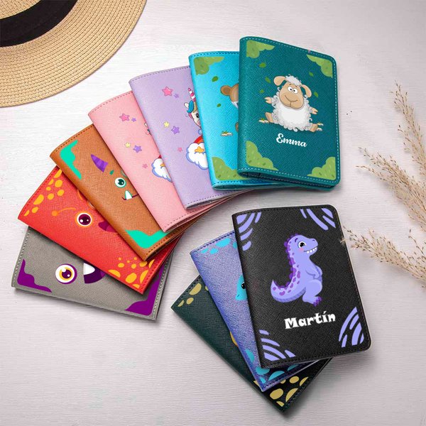 Personalised Cartoon Monster Fantasy Unicorn Dinosaur PU Leather Passport Holder Luggage Tag with Name Travel Accessory Birthday Gift for Kids