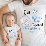 Personalised Cute Elephant Our First Father's Day T-shirt 100% Cotton Baby Onesie Dad and Baby Set with Name Gift for Dad Baby