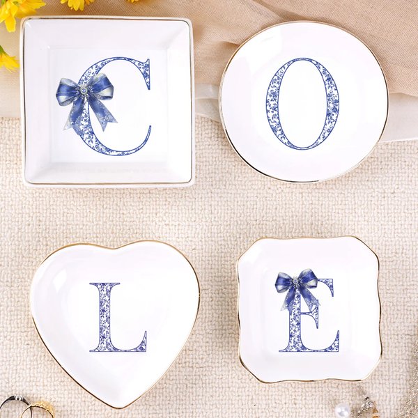 Personalizzato blu arco Toile De Jouy iniziale ceramica Trinket gioielli piatto uso quotidiano regalo di compleanno per le ragazze donne