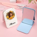 Personalized Birth Flower Wreath Photo PU Leather Makeup Mirror with Name Foldable Travel Essentials Birthday Anniversary Gift for Women