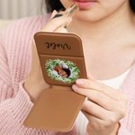 Personalized Birth Flower Wreath Photo PU Leather Makeup Mirror with Name Foldable Travel Essentials Birthday Anniversary Gift for Women