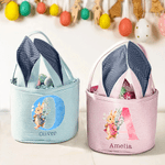 Cestino di Pasqua a strisce con iniziali e nome personalizzato coniglietto cartoon acquerello con orecchie di coniglio, regalo per bambini per la caccia alle uova.