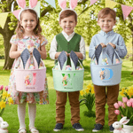 Cestino di Pasqua a strisce con iniziali e nome personalizzato coniglietto cartoon acquerello con orecchie di coniglio, regalo per bambini per la caccia alle uova.