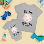 Personalized Adorable Elephant Design 100% Cotton T-shirt and Baby Onesie Matching Outfit Set Our First Mother's Day Gift for Newborn New Mom