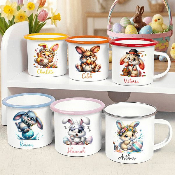 Personalised Cute Rabbit 12 oz Coloured Rim Enamel Mug with Name Easter Birthday Gift for Kids Boys Girls