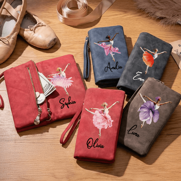 Personalized Ballet Girl Dancer Birth Flower PU Leather Wristlet Wallet with Name Daily Use Birthday Gift for Ballet Dancer Lover