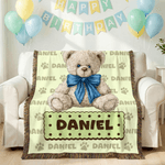 Personalized Bow Teddy Bear Biscuit Soft Tassel Blanket with Name Nursery Decor Birthday Gift for Kids Family