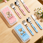 Personalised Multi-Colour Cute Teddy Bear Kids Knife Fork Spoon Three-Piece Set with Name Daily Dining Birthday Gift for Children  Toddlers