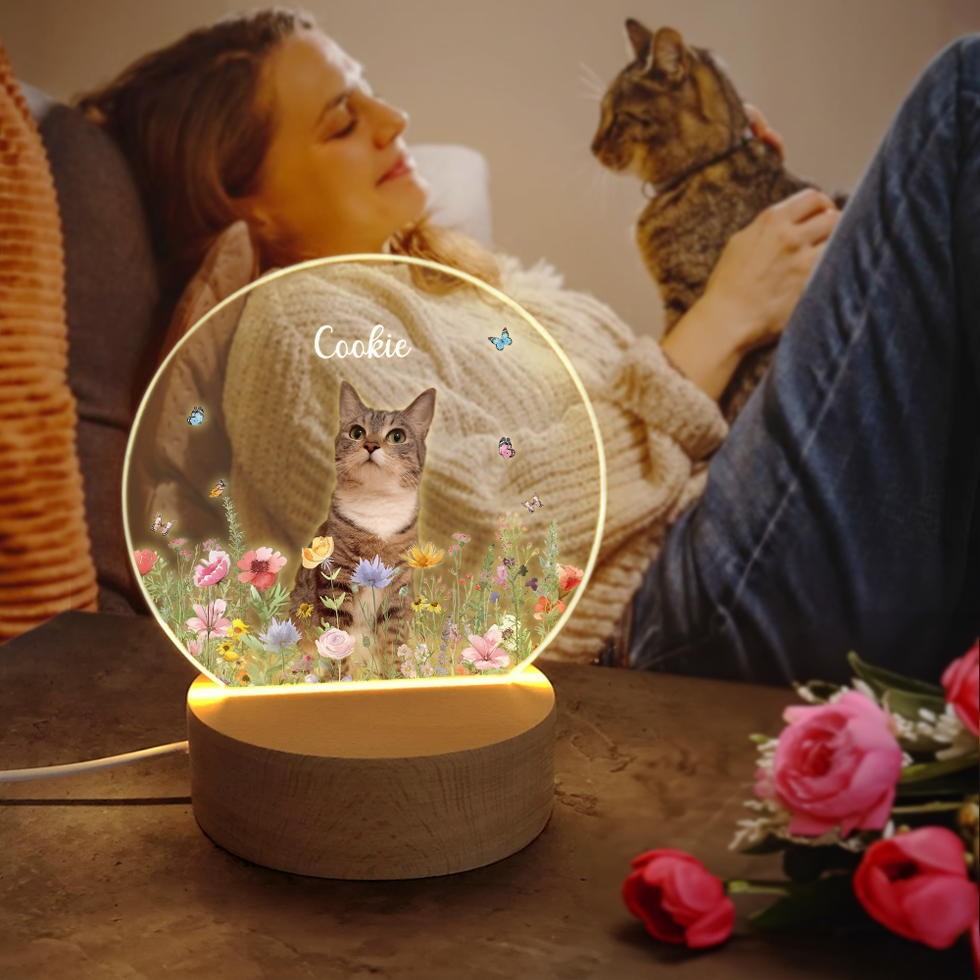 Personalised LED Night Light Floral Pet Photo with Name and Date Memorial Gift for Pet Owners Lovers