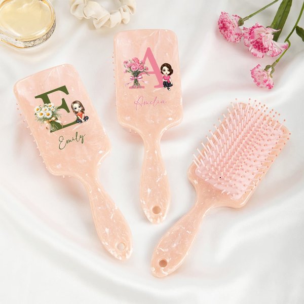 Personalized Birth Flower Bouquet Initial Cartoon Character Long Handle Paddle Brush with Name and Ribbon Birthday Wedding Gift for Women