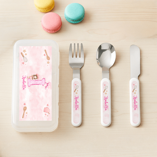 Personalised Cute Cartoon Baking Character Fork Spoon Knife 3 Pcs Cutlery Set with Name and Case Back to School Birthday Gift for Boys Girls