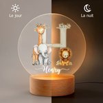 Veilleuse LED personnalisée avec animal de forêt mignon en dessin animé initiale et nom - Cadeau anniversaire pour enfants