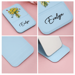 Personalisierte Aquarell Geburt Blume Blumenstrauß Schmetterling PU Leder Schminkspiegel mit Namen faltbare Reise wesentliche Geburtstagsgeschenk für Frauen