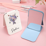 Personalised Watercolor Birth Flower Bouquet Butterfly PU Leather Makeup Mirror with Name Foldable Travel Essential Birthday Gift for Women