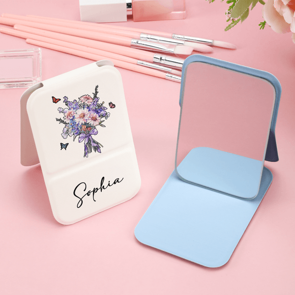 Personalizado Acuarela Nacimiento Flor Bouquet Mariposa PU Cuero Espejo de Maquillaje con Nombre Plegable Viaje Esencial Cumpleaños Regalo para Mujeres